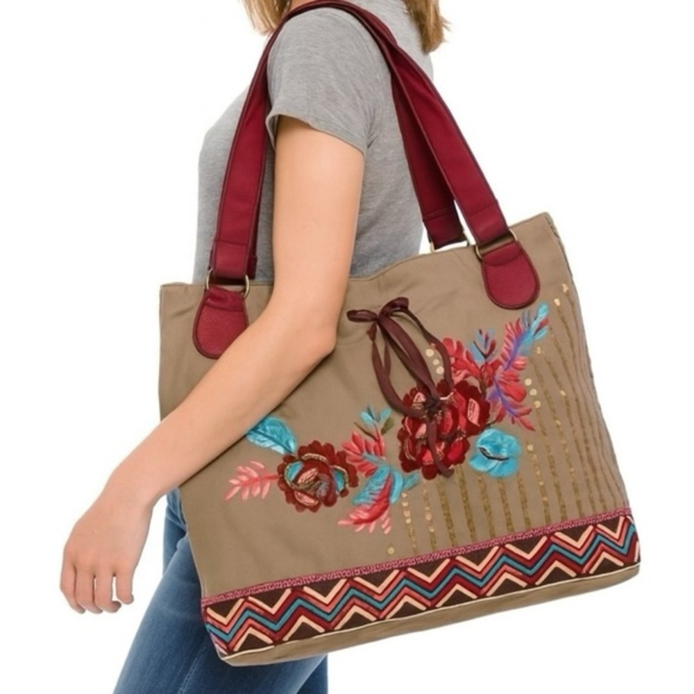 RAGA Flower Child Tote Bag 100% Cotton Embroidered Sequin Bohemian Large